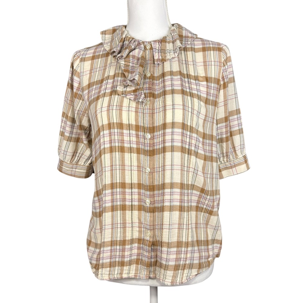 Birds of Paradis by Trovata Brown Pink Plaid Ruffle Collar Cotton Blouse Medium